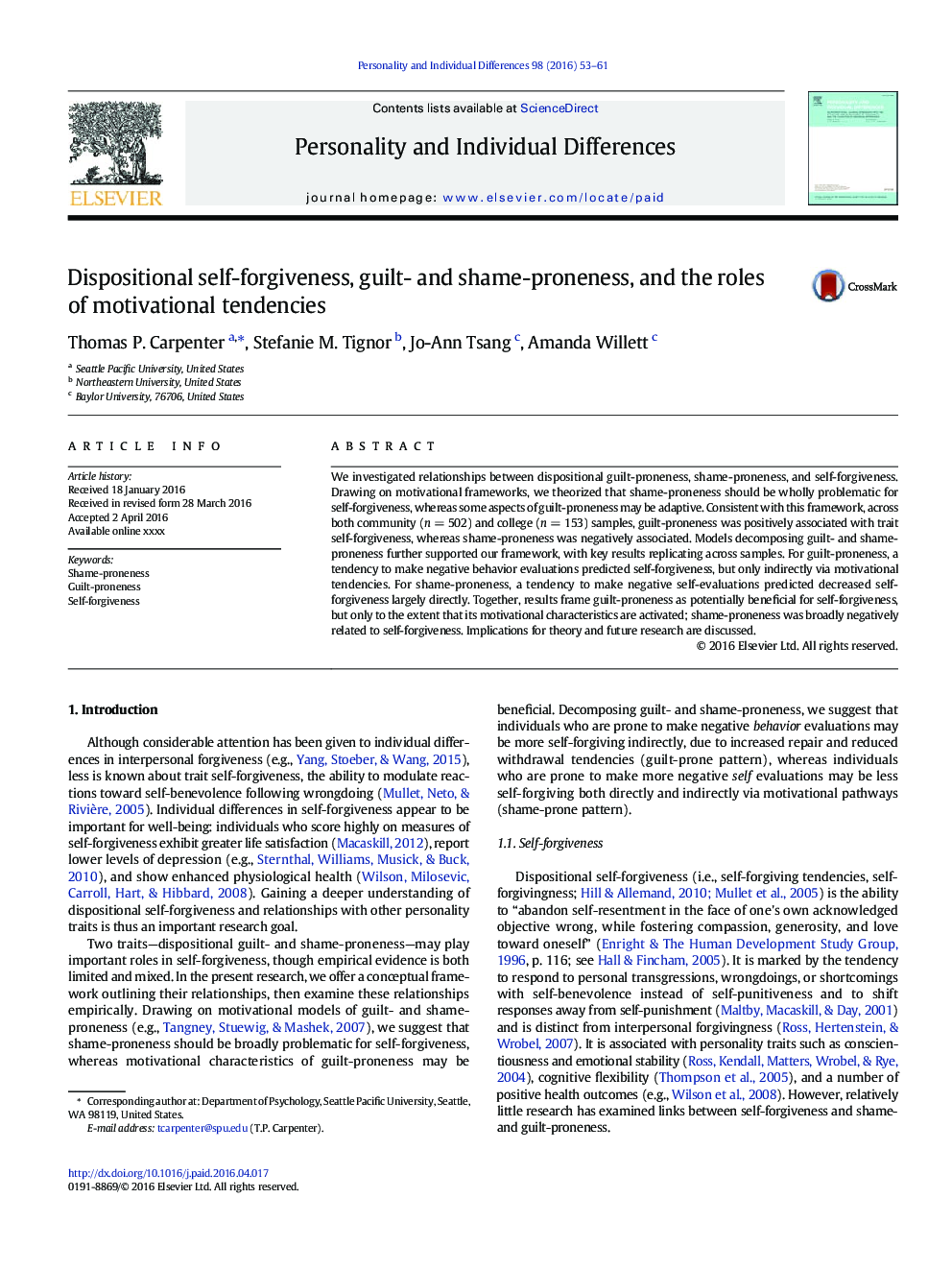 Dispositional self-forgiveness, guilt- and shame-proneness, and the roles of motivational tendencies