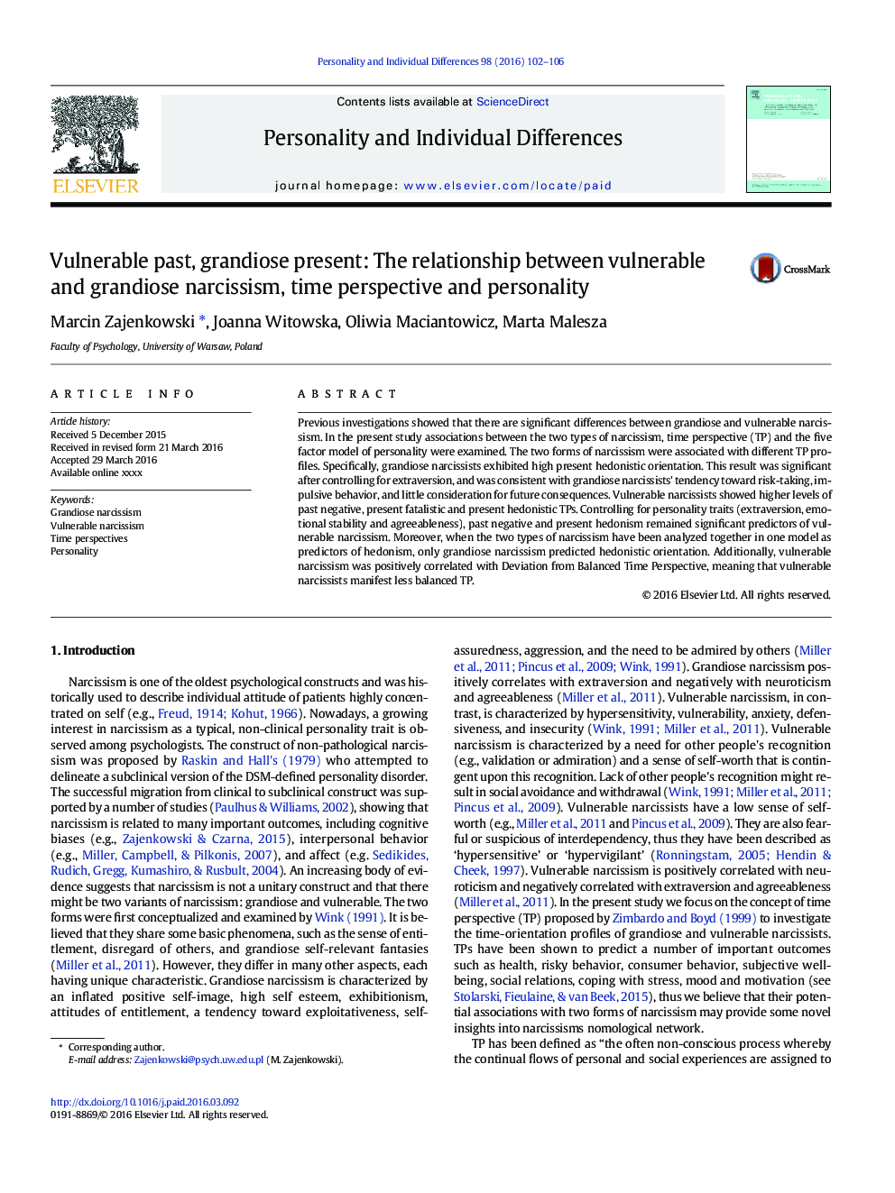 Vulnerable past, grandiose present: The relationship between vulnerable and grandiose narcissism, time perspective and personality