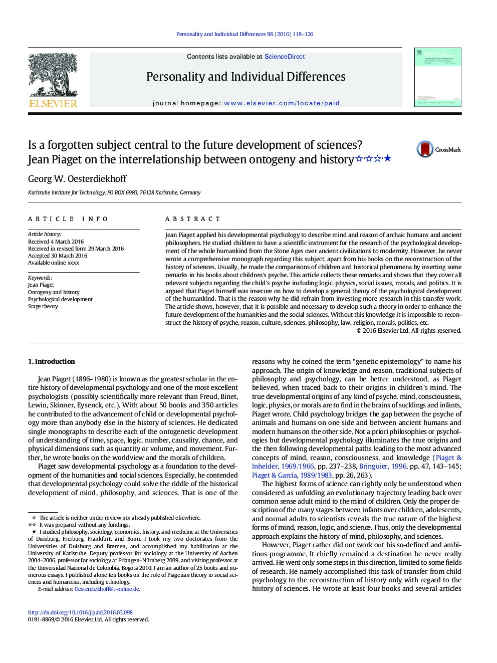 Is a forgotten subject central to the future development of sciences? Jean Piaget on the interrelationship between ontogeny and history