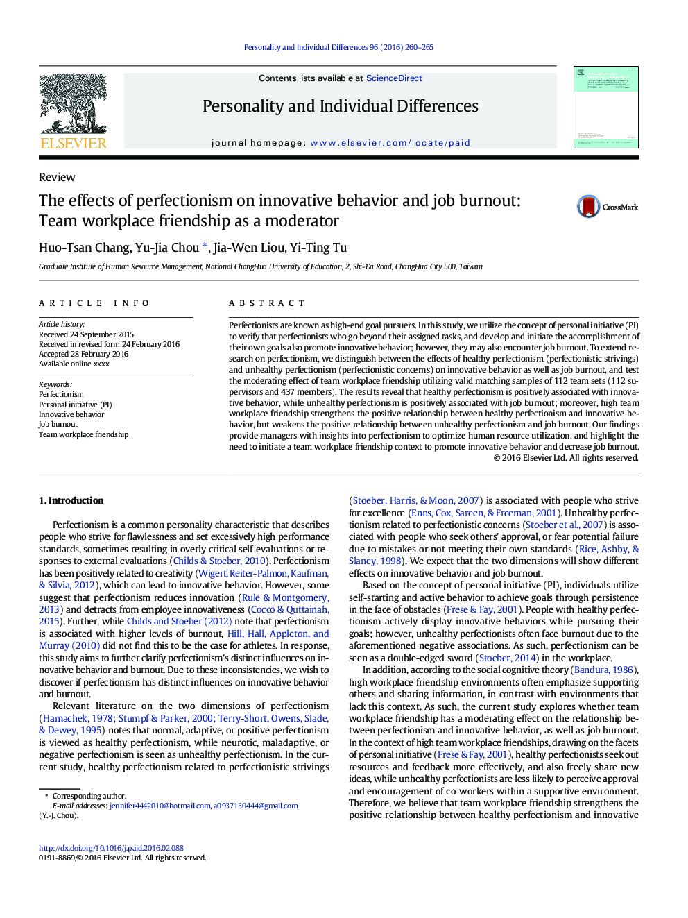 The effects of perfectionism on innovative behavior and job burnout: Team workplace friendship as a moderator