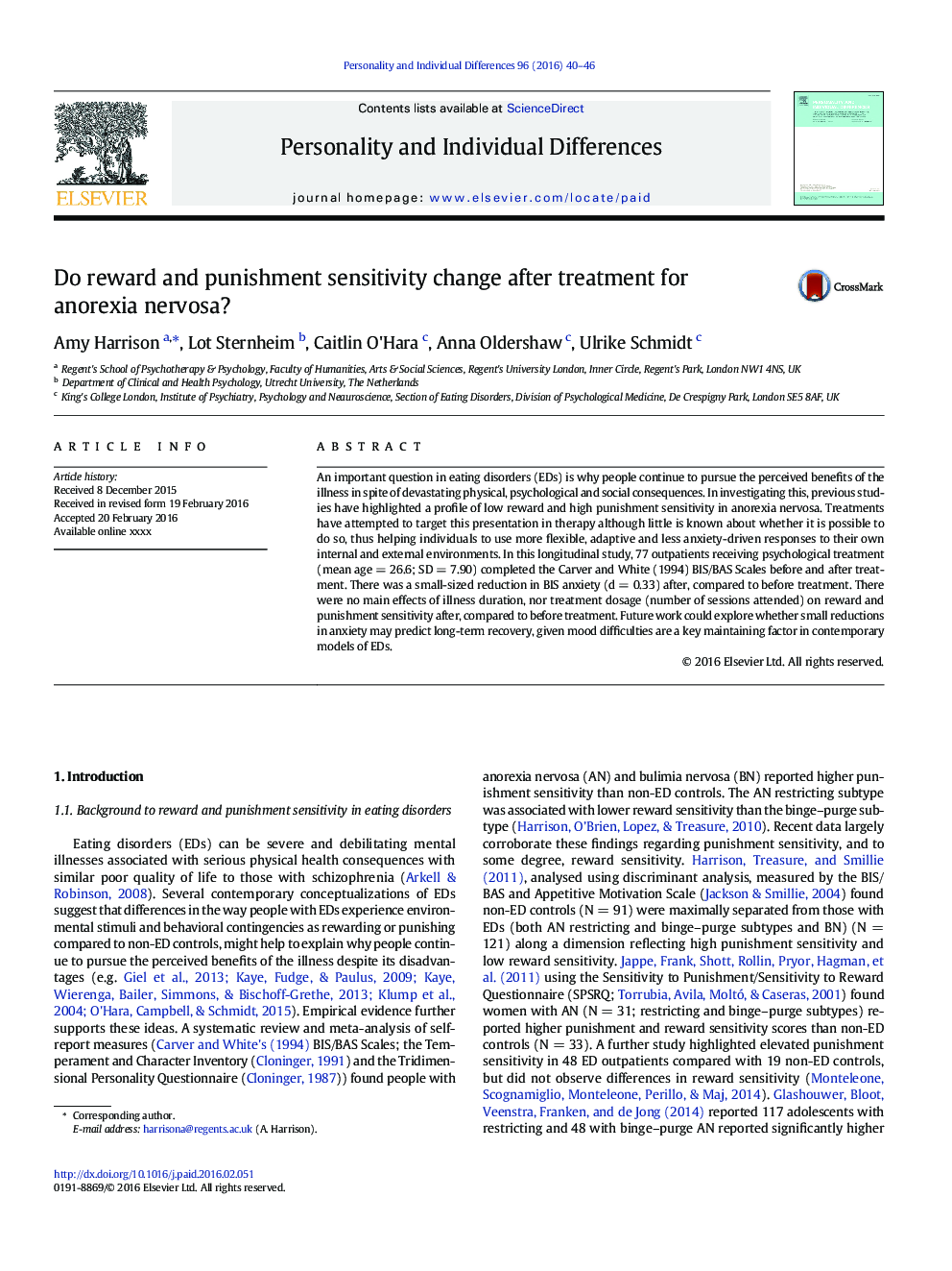 Do reward and punishment sensitivity change after treatment for anorexia nervosa?