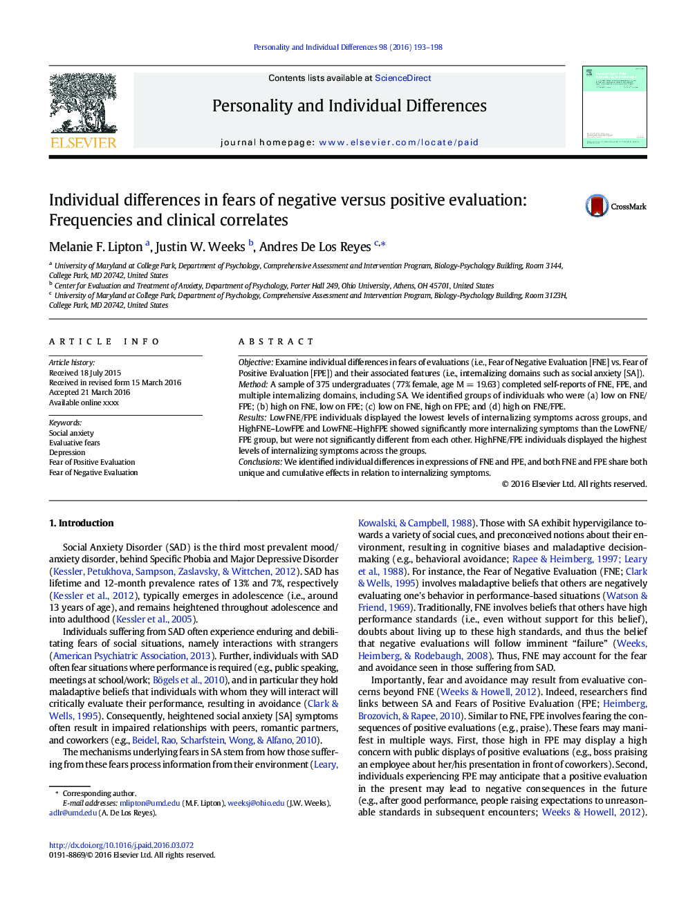 Individual differences in fears of negative versus positive evaluation: Frequencies and clinical correlates