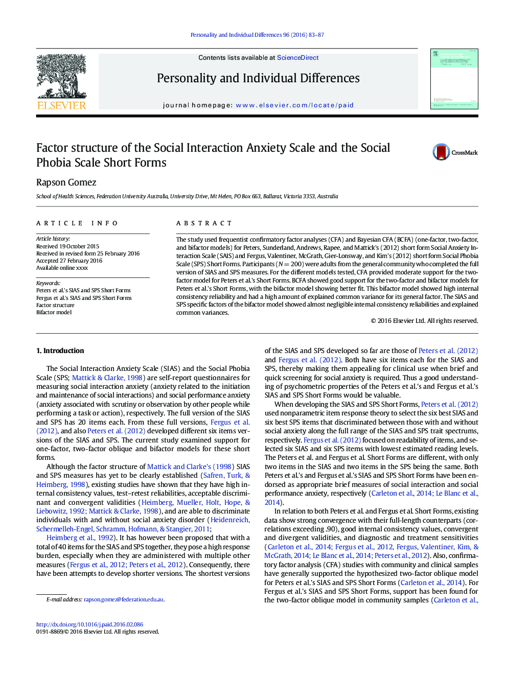 Factor structure of the Social Interaction Anxiety Scale and the Social Phobia Scale Short Forms