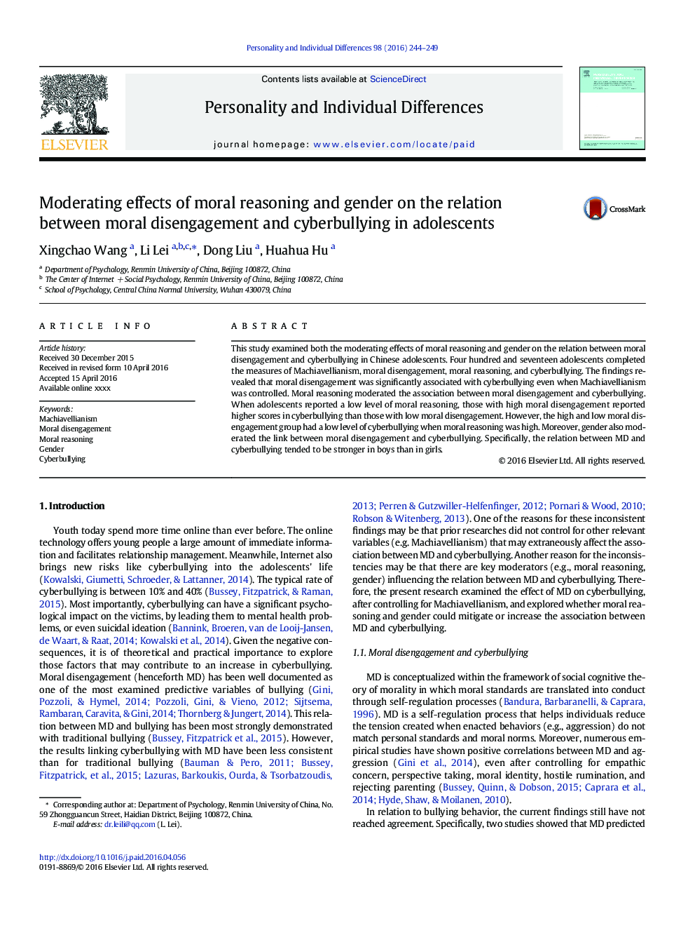 Moderating effects of moral reasoning and gender on the relation between moral disengagement and cyberbullying in adolescents