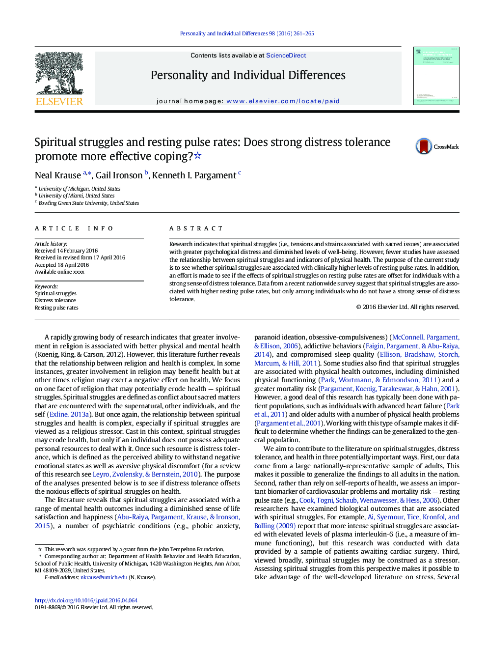 Spiritual struggles and resting pulse rates: Does strong distress tolerance promote more effective coping?