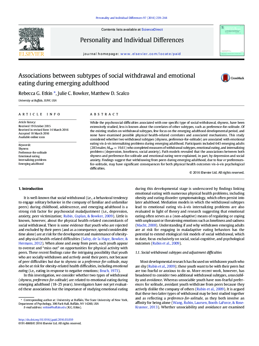 Associations between subtypes of social withdrawal and emotional eating during emerging adulthood