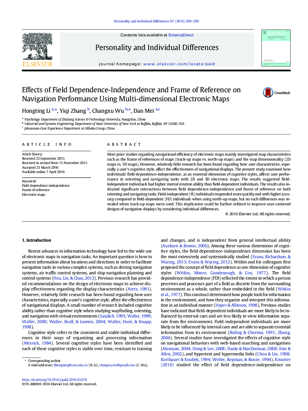 Effects of Field Dependence-Independence and Frame of Reference on Navigation Performance Using Multi-dimensional Electronic Maps