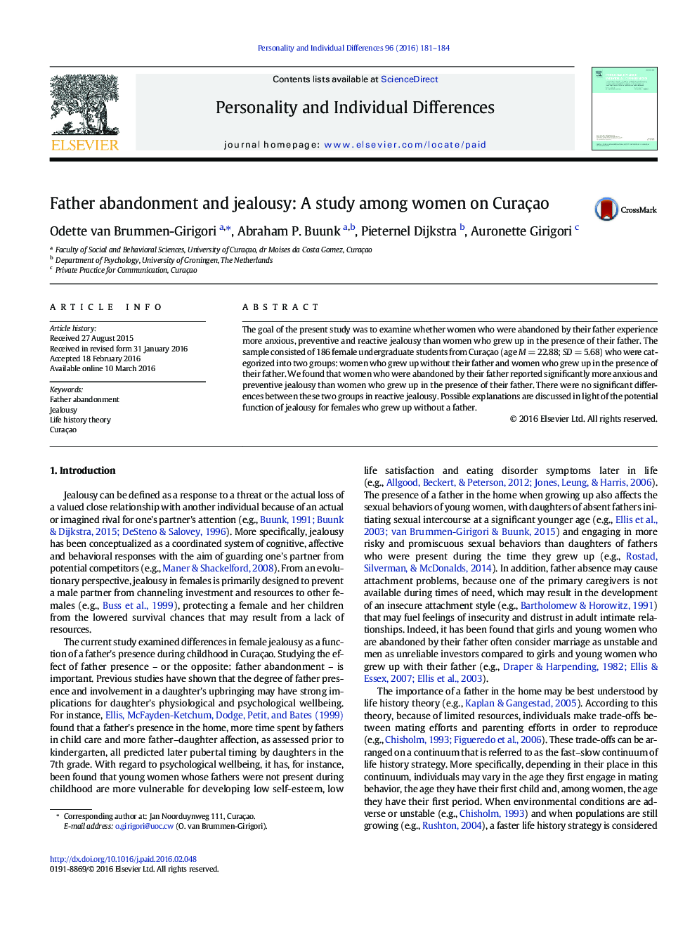 Father abandonment and jealousy: A study among women on Curaçao