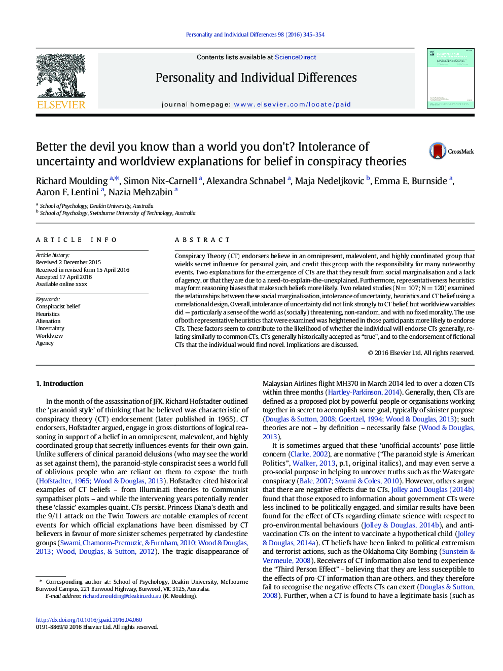 Better the devil you know than a world you don't? Intolerance of uncertainty and worldview explanations for belief in conspiracy theories