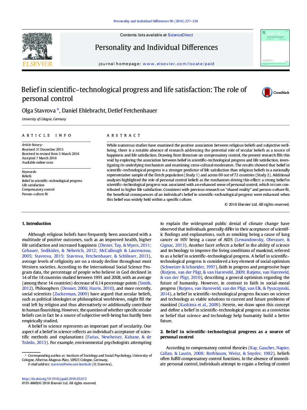 Belief in scientific-technological progress and life satisfaction: The role of personal control