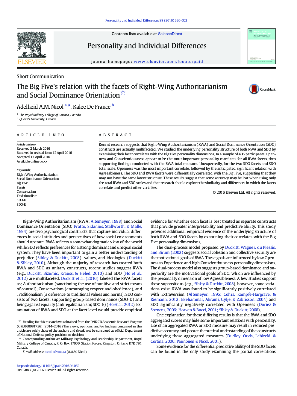 The Big Five's relation with the facets of Right-Wing Authoritarianism and Social Dominance Orientation