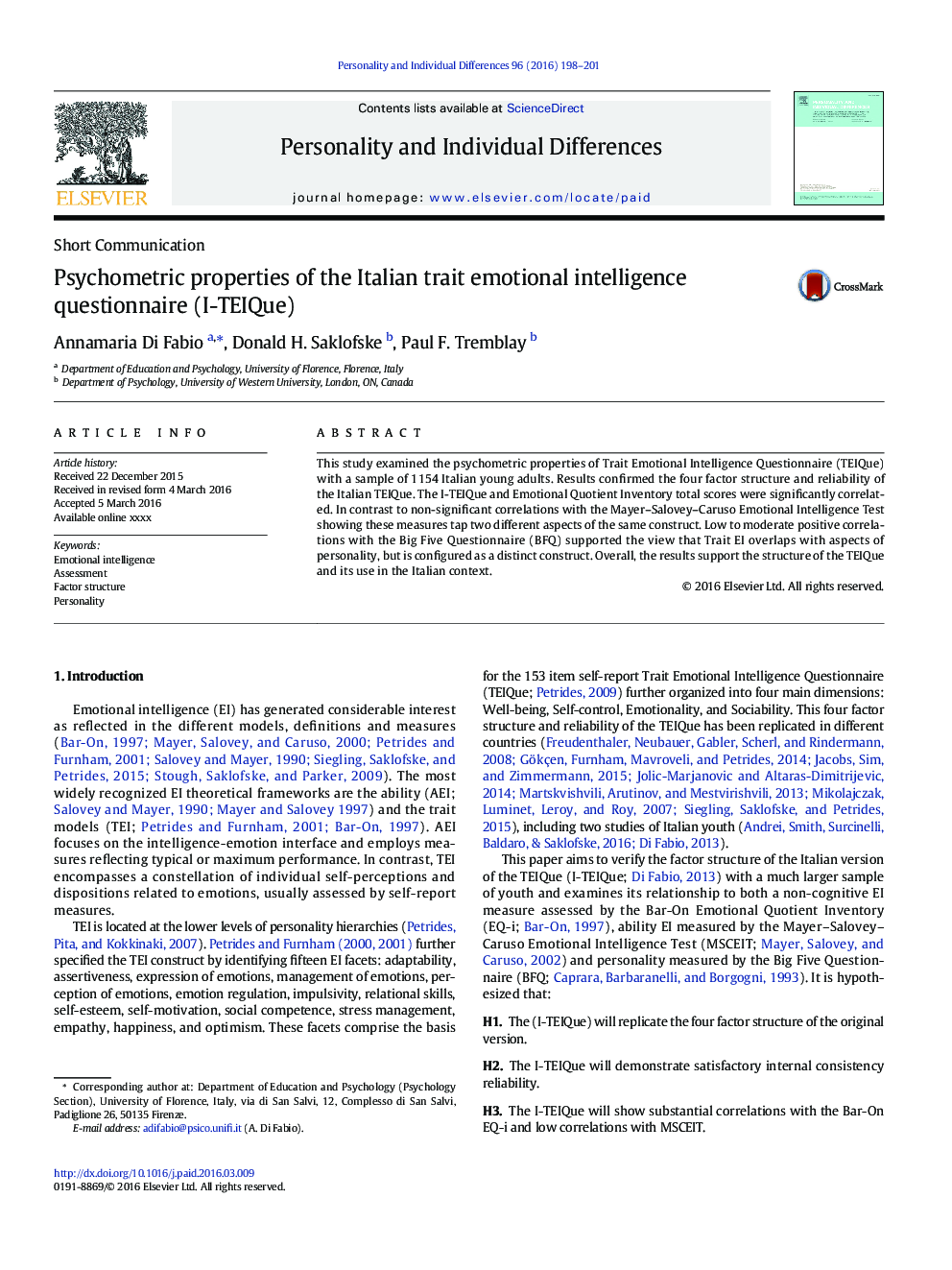 Psychometric properties of the Italian trait emotional intelligence questionnaire (I-TEIQue)