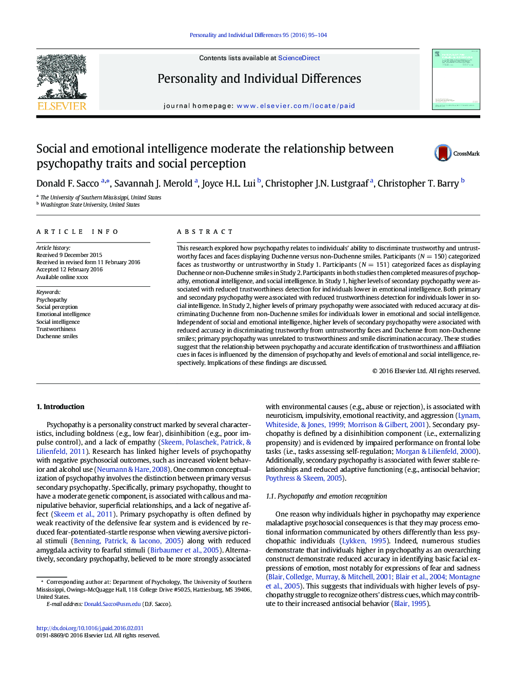 Social and emotional intelligence moderate the relationship between psychopathy traits and social perception