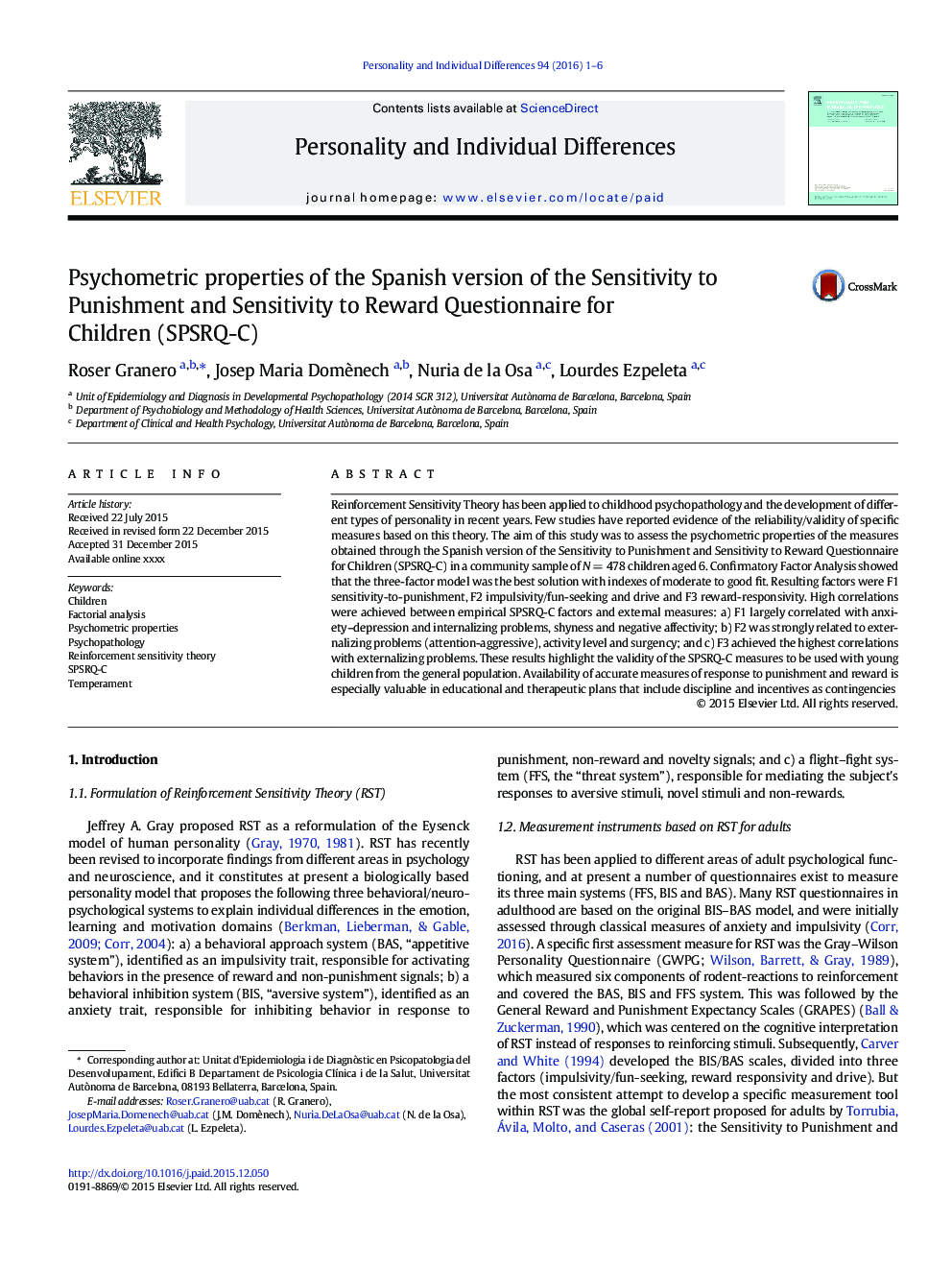 Psychometric properties of the Spanish version of the Sensitivity to Punishment and Sensitivity to Reward Questionnaire for Children (SPSRQ-C)