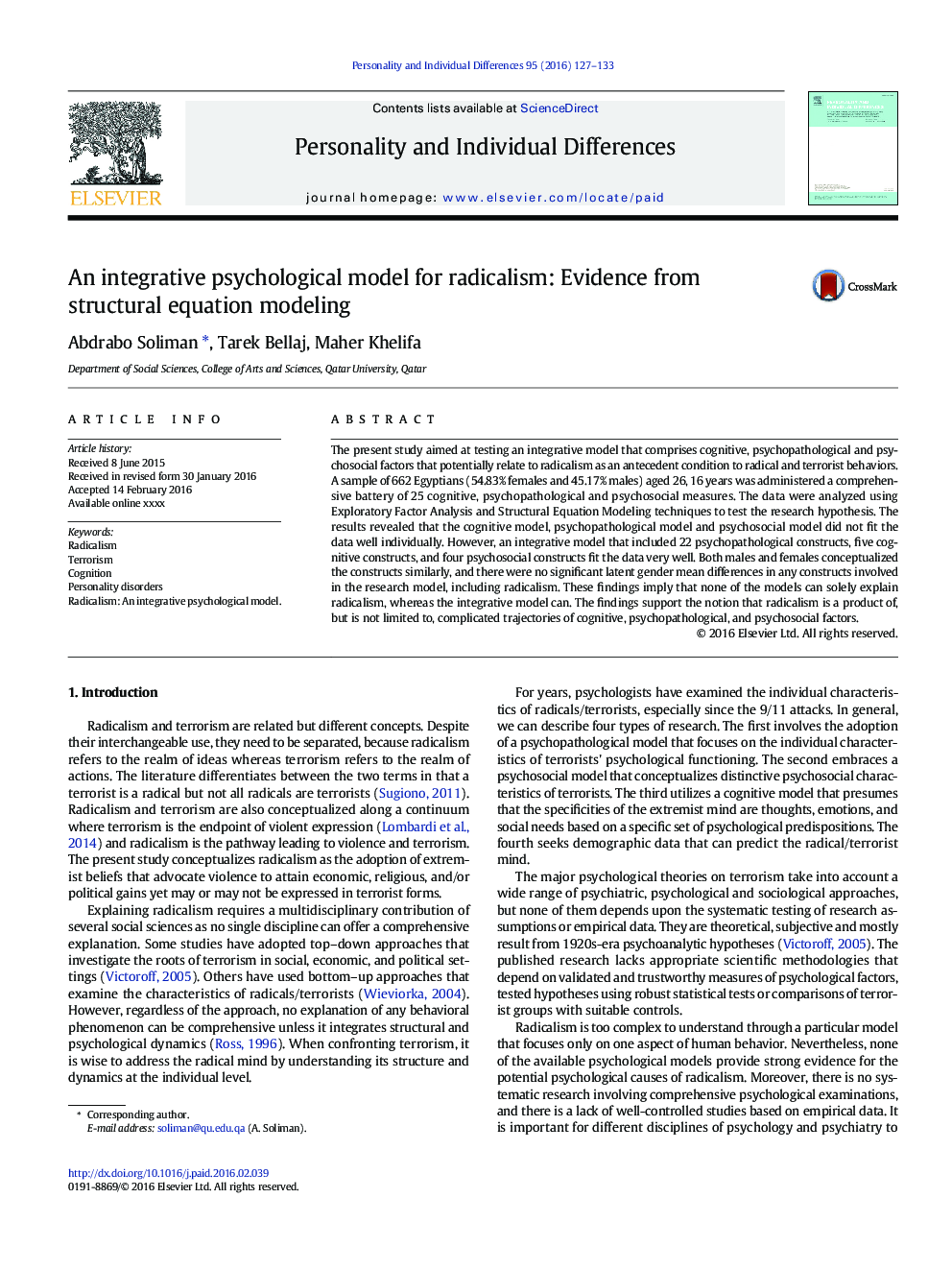 An integrative psychological model for radicalism: Evidence from structural equation modeling