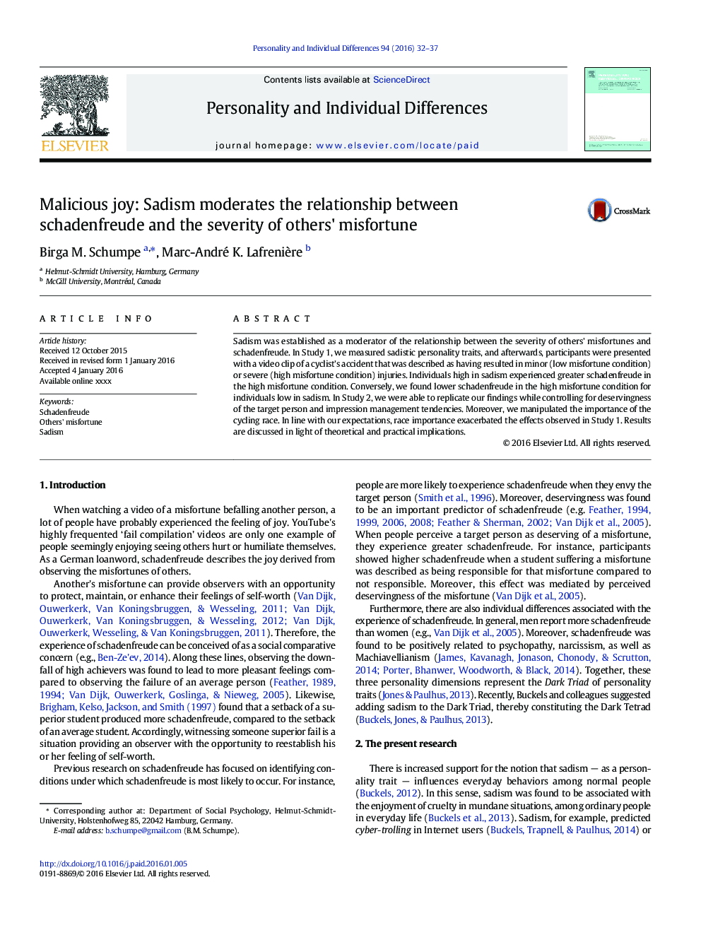 Malicious joy: Sadism moderates the relationship between schadenfreude and the severity of others' misfortune