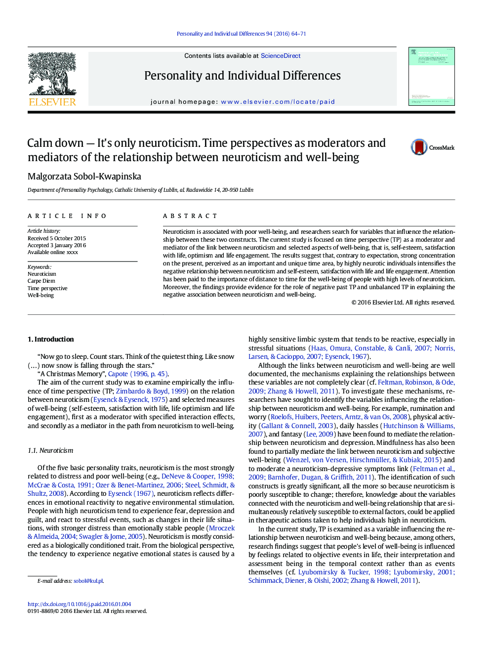 Calm down - It's only neuroticism. Time perspectives as moderators and mediators of the relationship between neuroticism and well-being