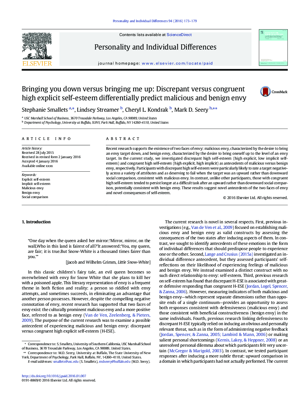 Bringing you down versus bringing me up: Discrepant versus congruent high explicit self-esteem differentially predict malicious and benign envy