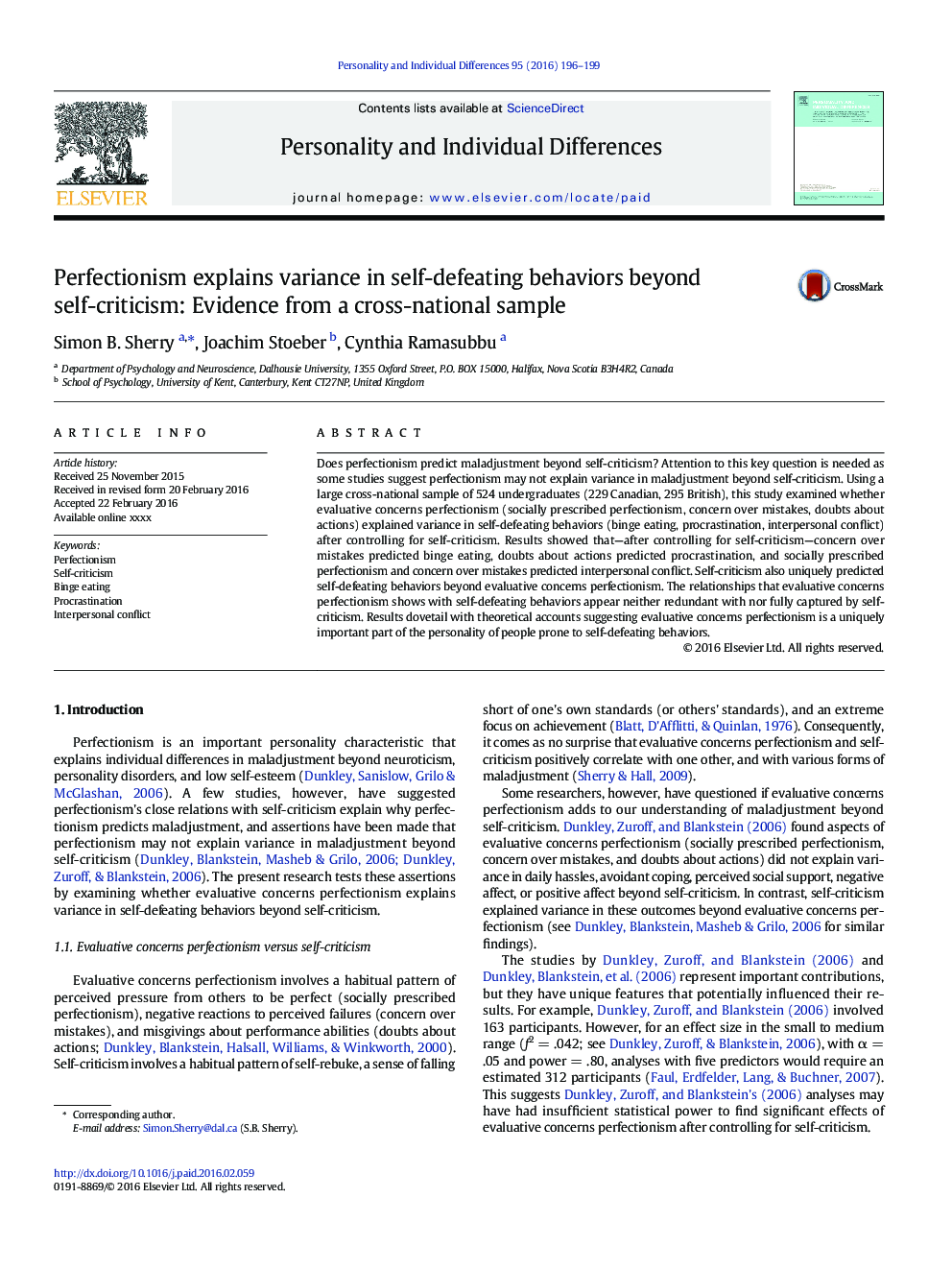 Perfectionism explains variance in self-defeating behaviors beyond self-criticism: Evidence from a cross-national sample