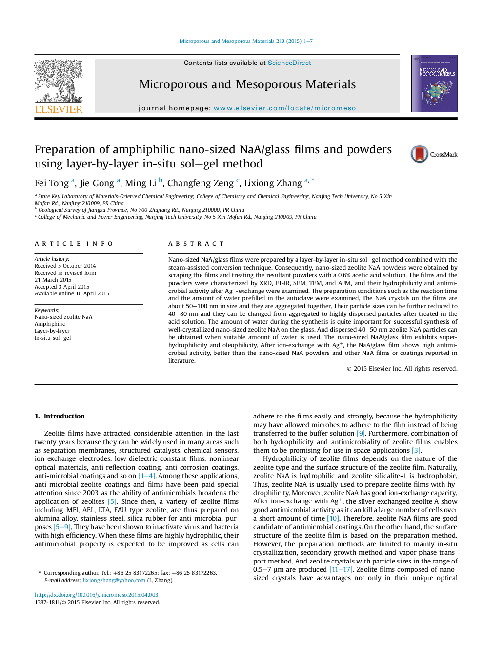 Preparation of amphiphilic nano-sized NaA/glass films and powders using layer-by-layer in-situ sol–gel method