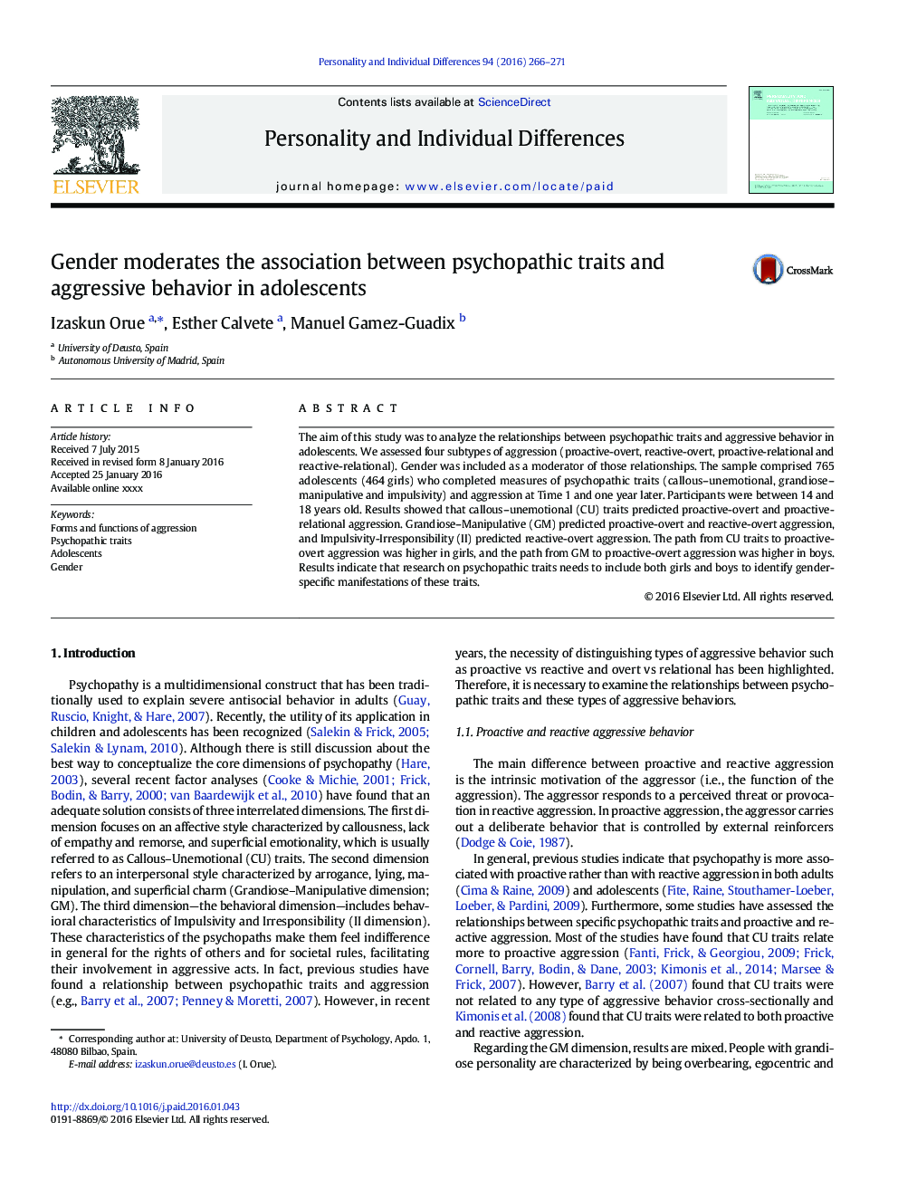 Gender moderates the association between psychopathic traits and aggressive behavior in adolescents