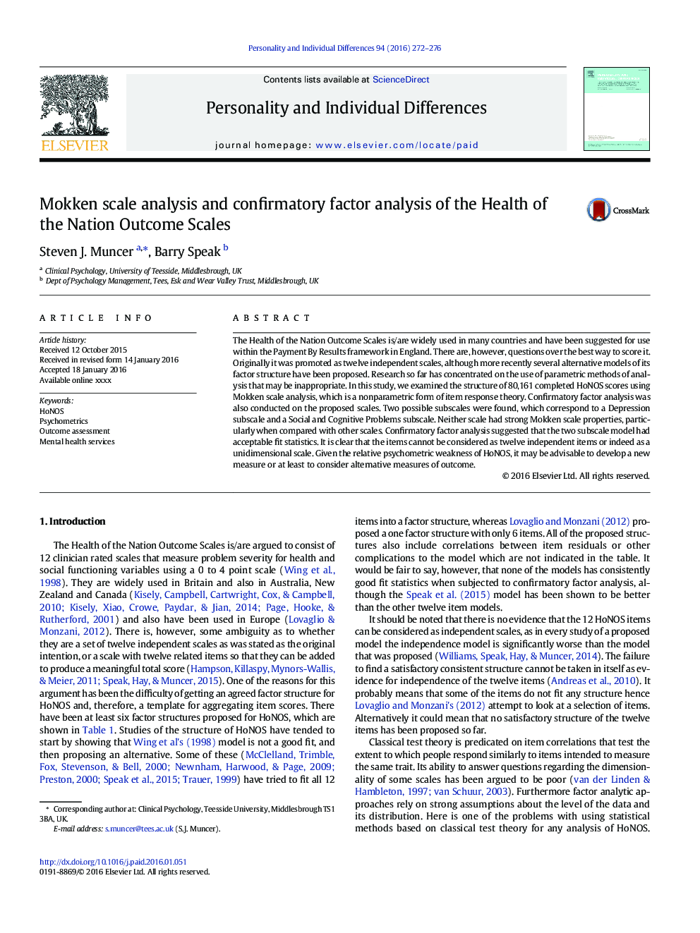 Mokken scale analysis and confirmatory factor analysis of the Health of the Nation Outcome Scales