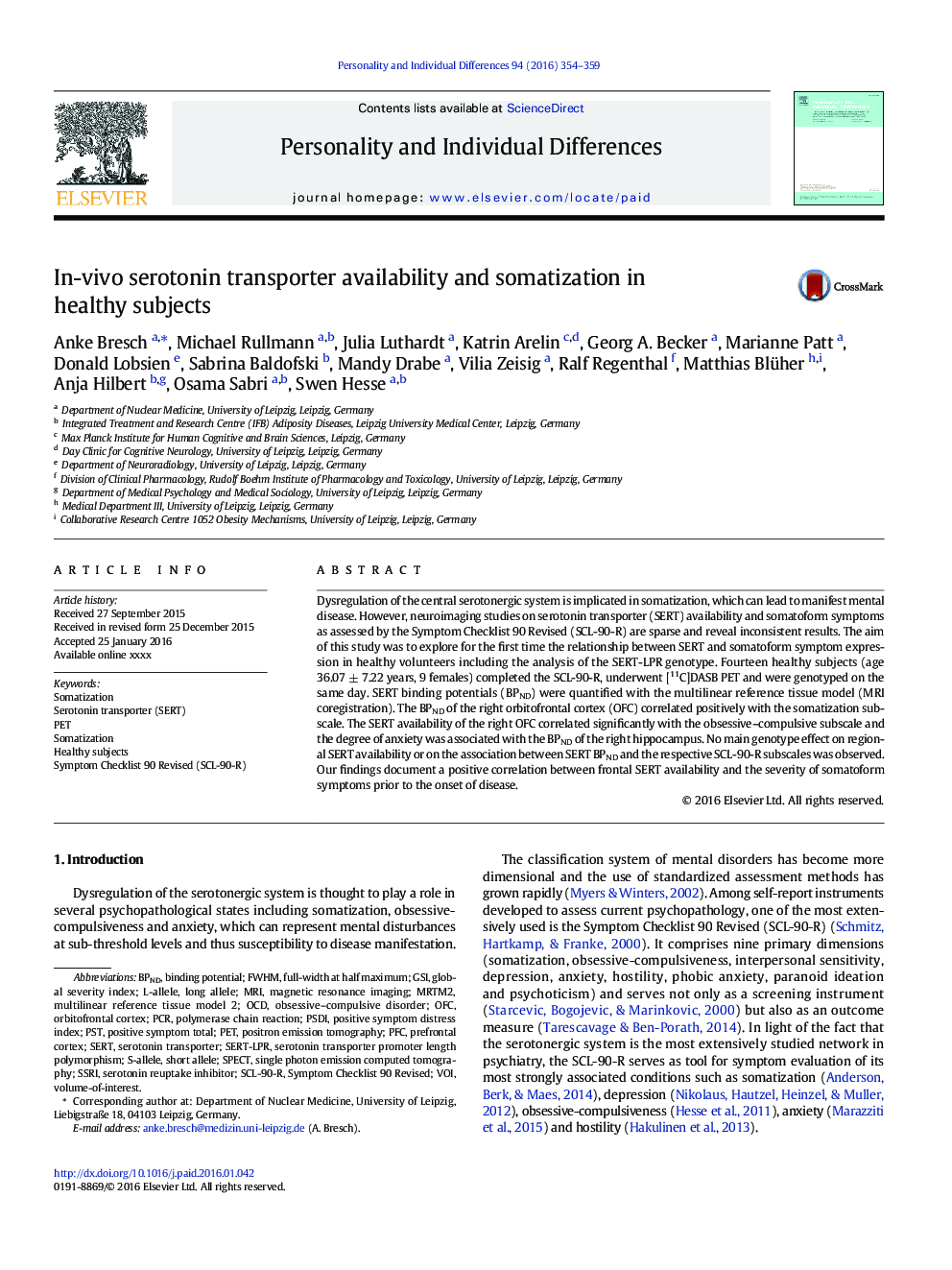 In-vivo serotonin transporter availability and somatization in healthy subjects