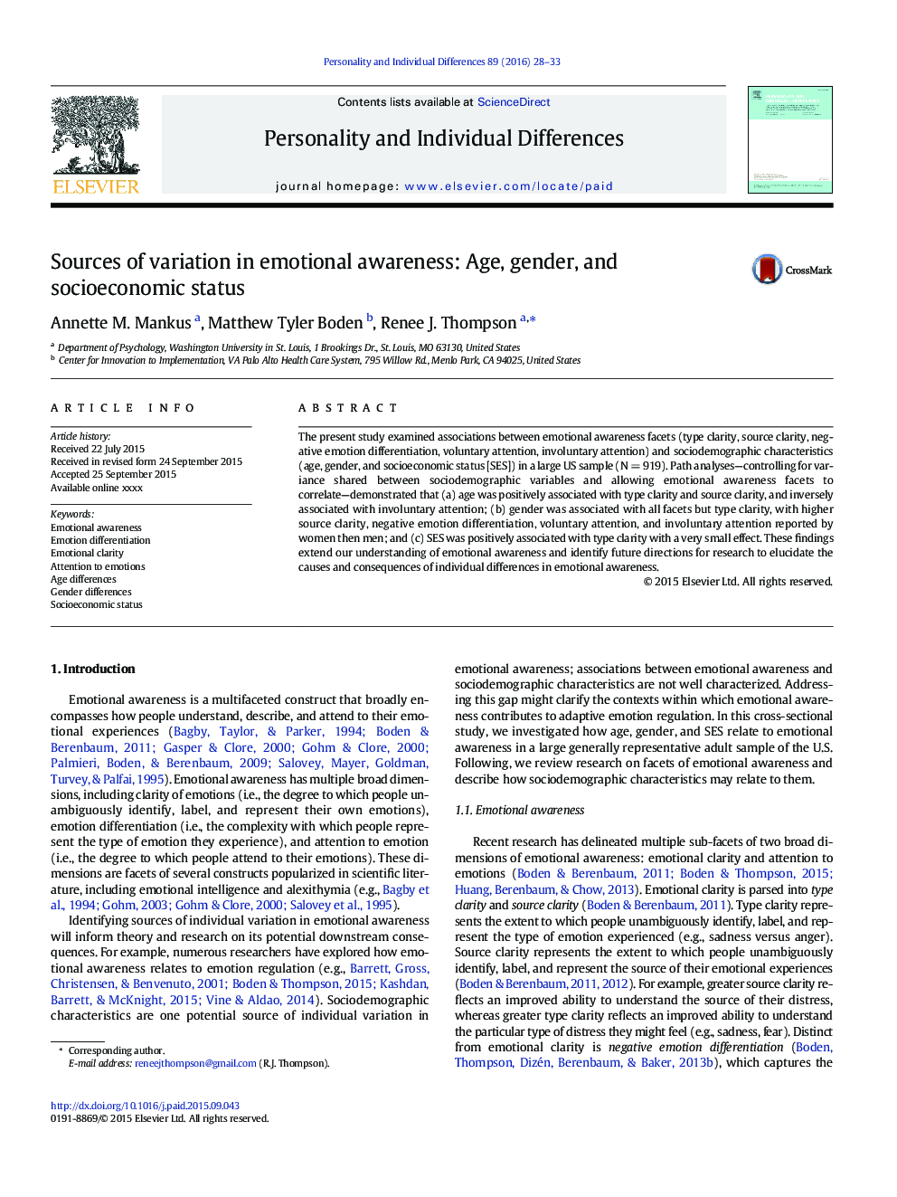 Sources of variation in emotional awareness: Age, gender, and socioeconomic status