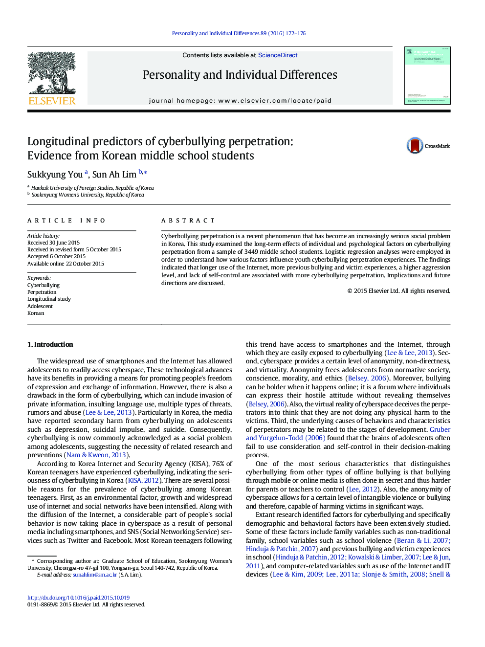 Longitudinal predictors of cyberbullying perpetration: Evidence from Korean middle school students