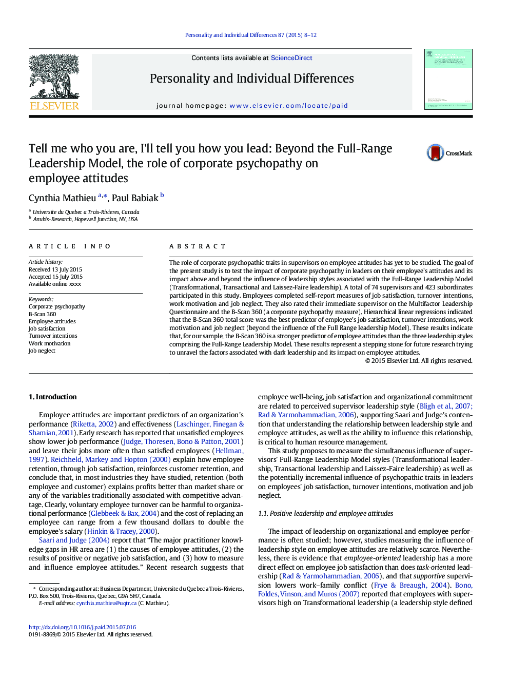 Tell me who you are, I'll tell you how you lead: Beyond the Full-Range Leadership Model, the role of corporate psychopathy on employee attitudes