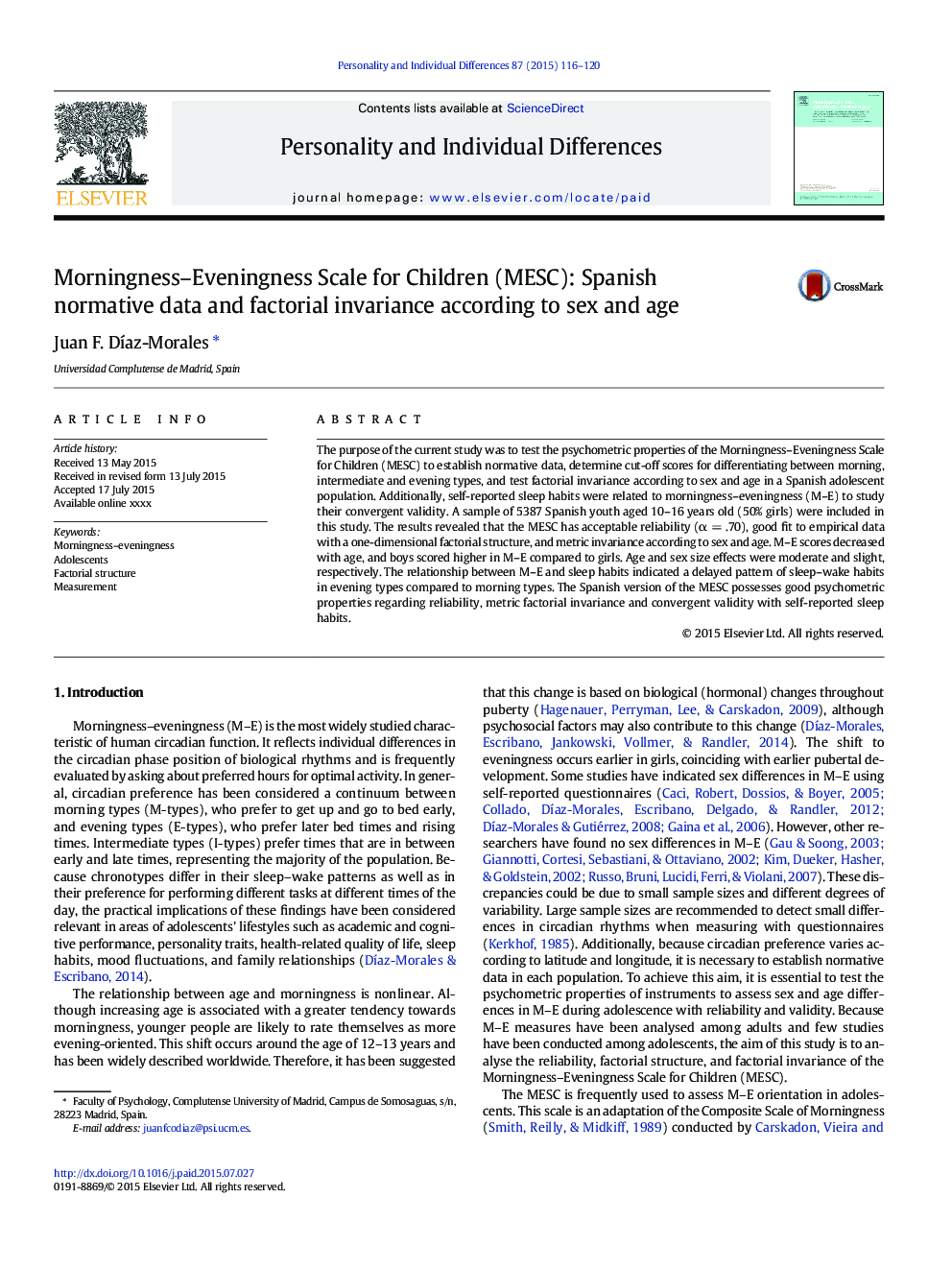 Morningness-Eveningness Scale for Children (MESC): Spanish normative data and factorial invariance according to sex and age