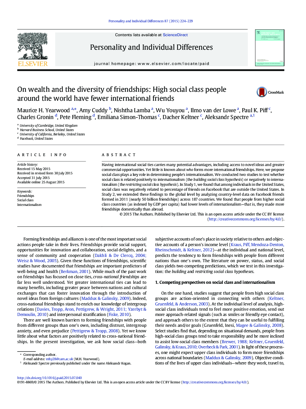 On wealth and the diversity of friendships: High social class people around the world have fewer international friends