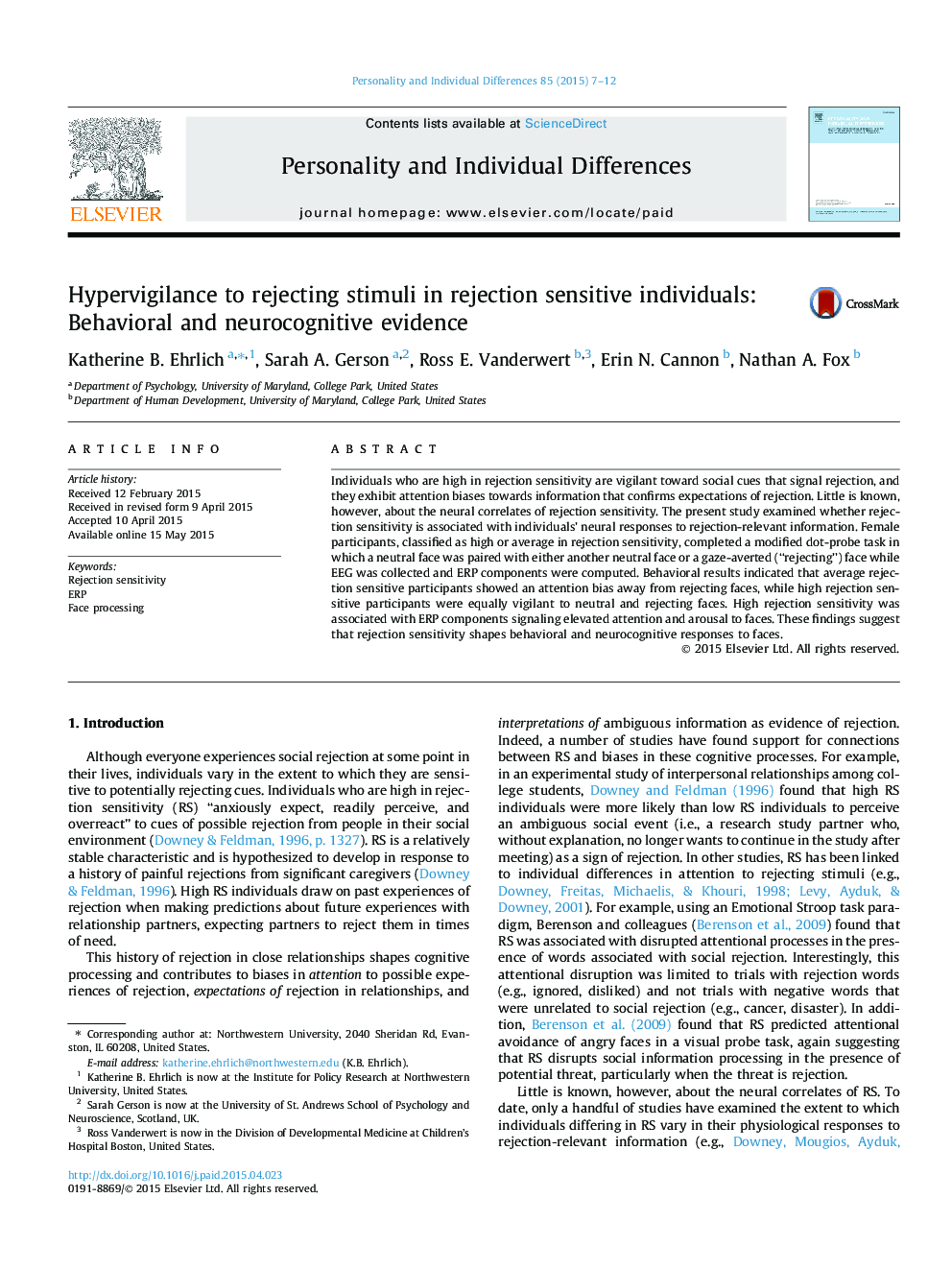 Hypervigilance to rejecting stimuli in rejection sensitive individuals: Behavioral and neurocognitive evidence