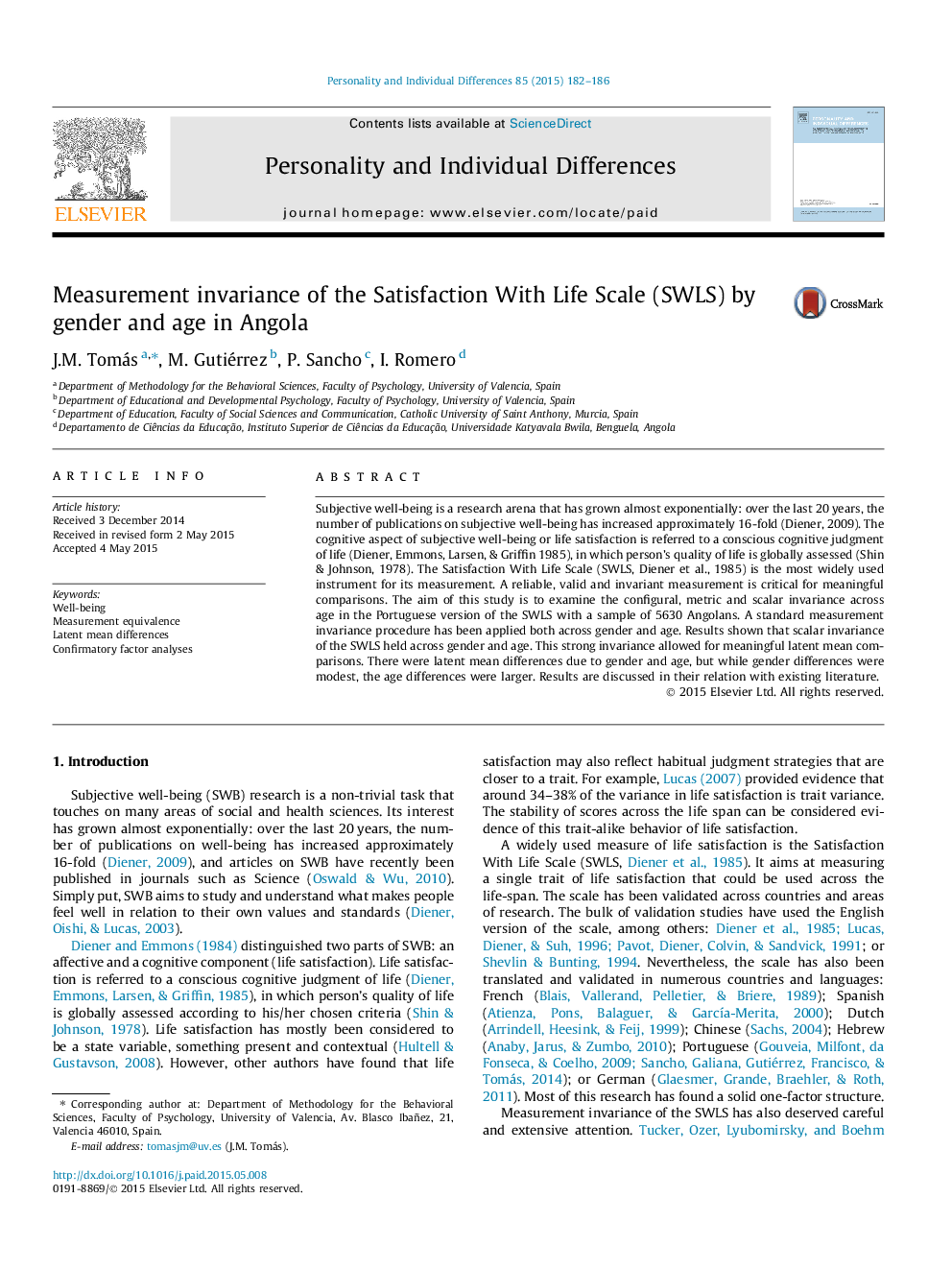 Measurement invariance of the Satisfaction With Life Scale (SWLS) by gender and age in Angola