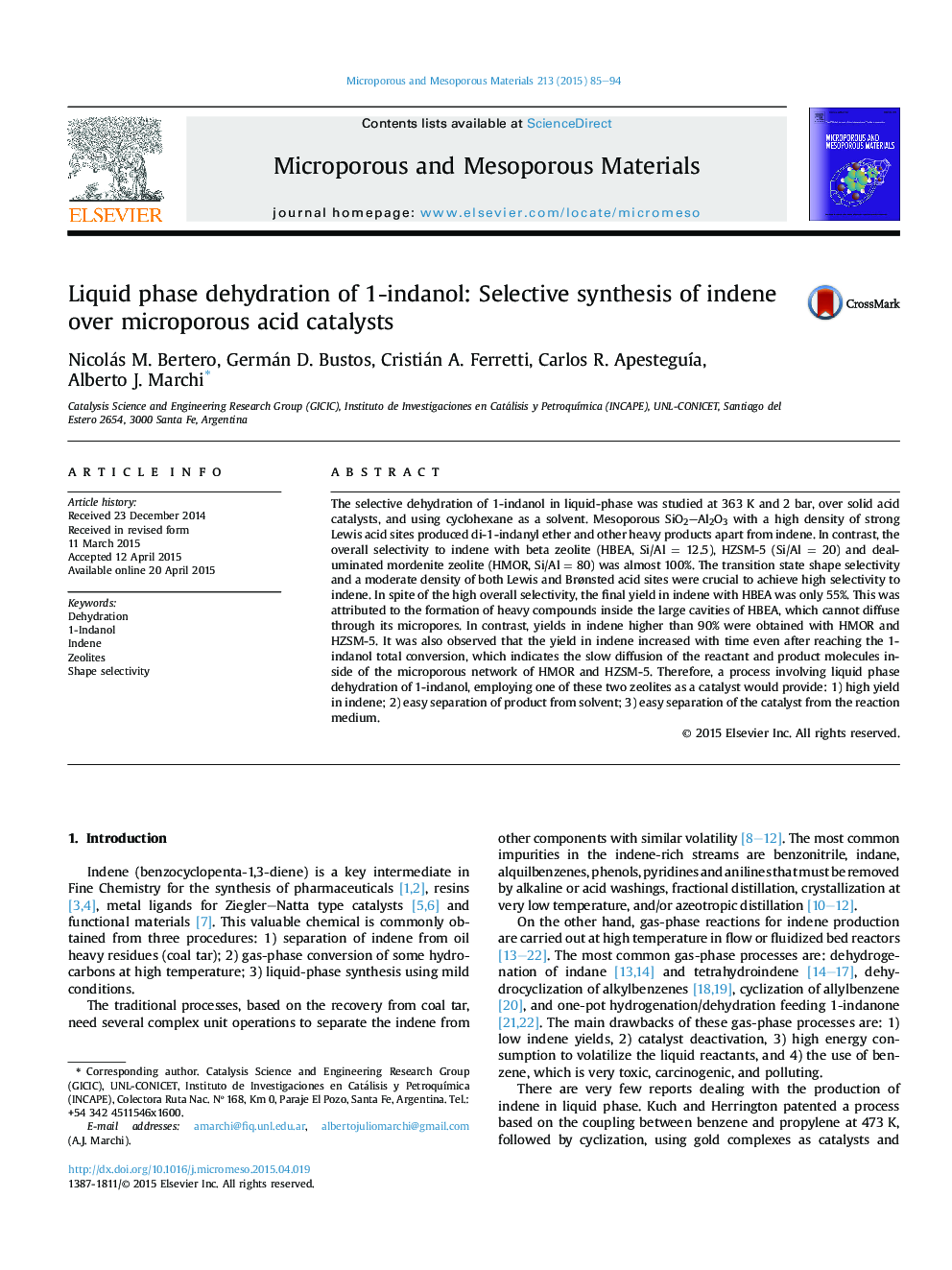 Liquid phase dehydration of 1-indanol: Selective synthesis of indene over microporous acid catalysts