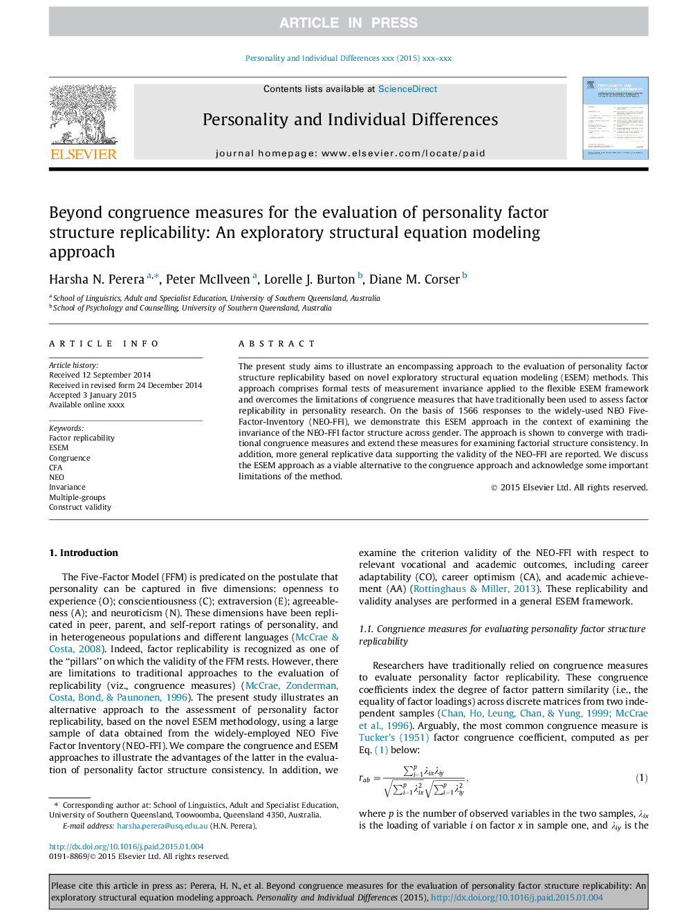 Beyond congruence measures for the evaluation of personality factor structure replicability: An exploratory structural equation modeling approach