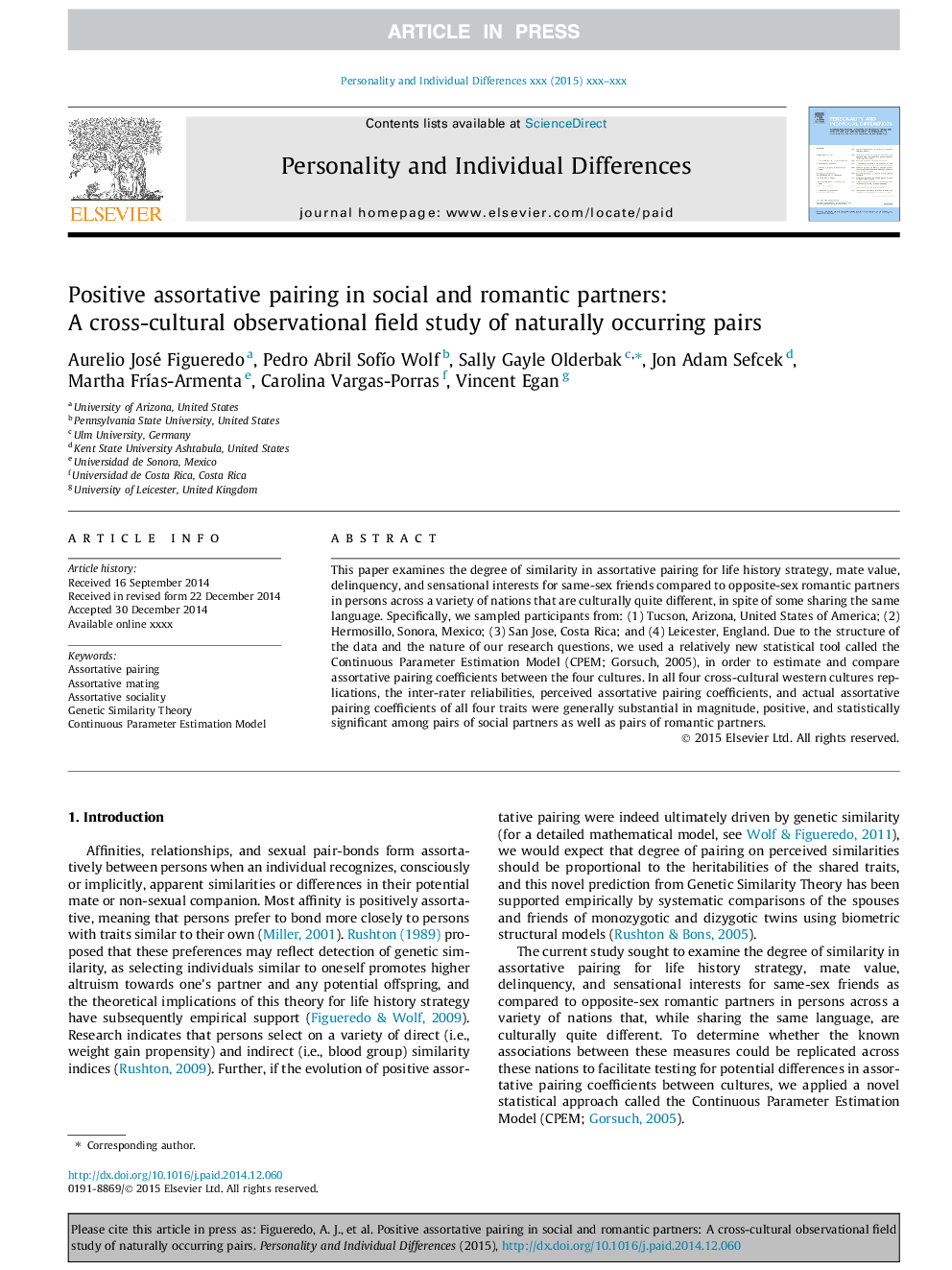 Positive assortative pairing in social and romantic partners: A cross-cultural observational field study of naturally occurring pairs