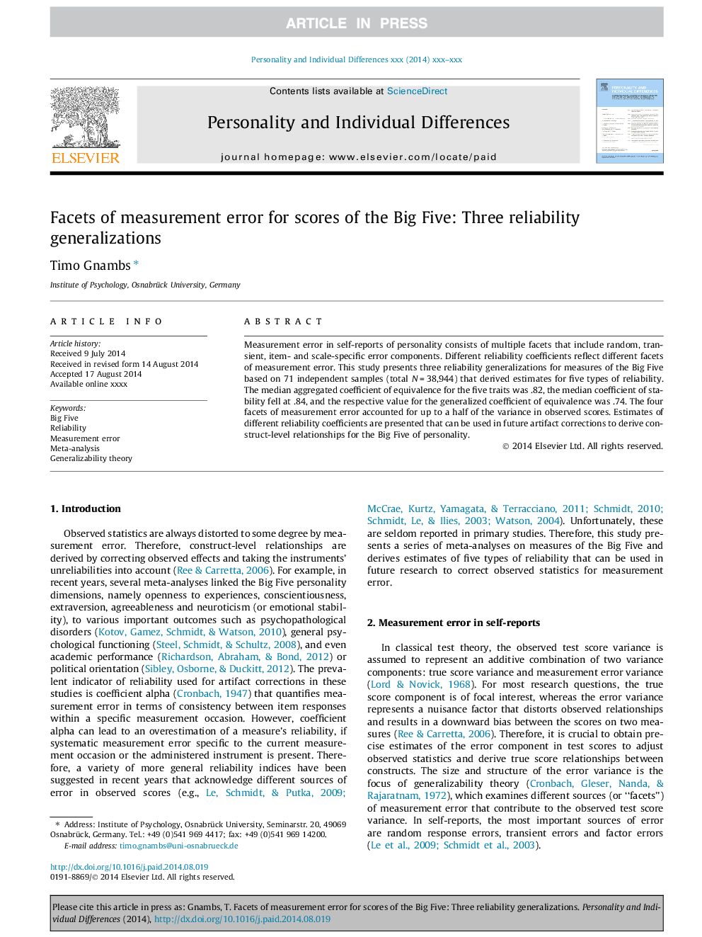 Facets of measurement error for scores of the Big Five: Three reliability generalizations