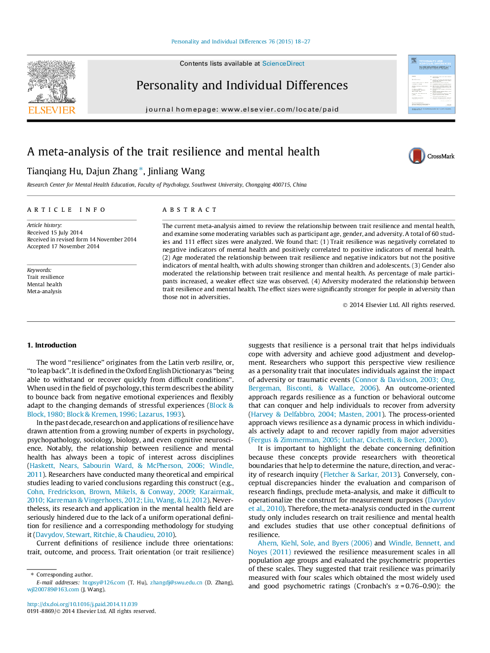 A meta-analysis of the trait resilience and mental health