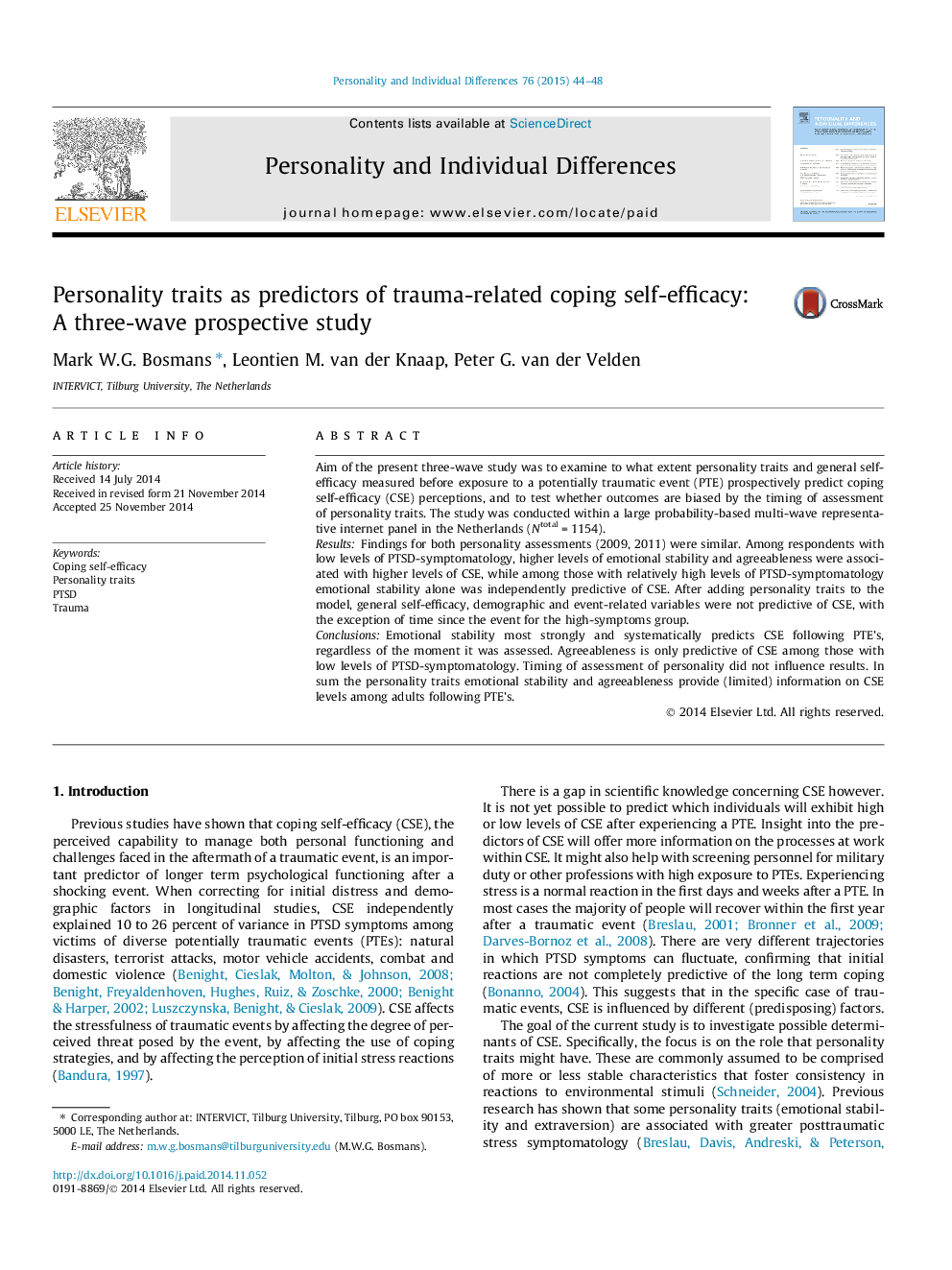 Personality traits as predictors of trauma-related coping self-efficacy: A three-wave prospective study