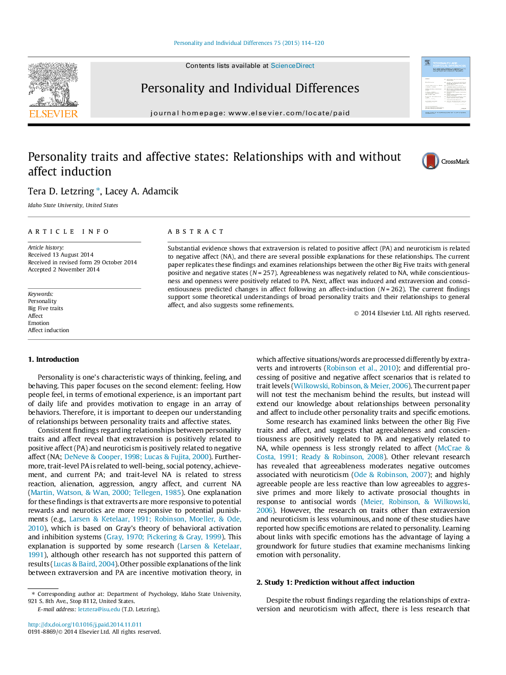 Personality traits and affective states: Relationships with and without affect induction