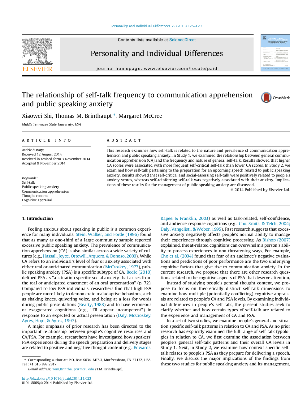 The relationship of self-talk frequency to communication apprehension and public speaking anxiety