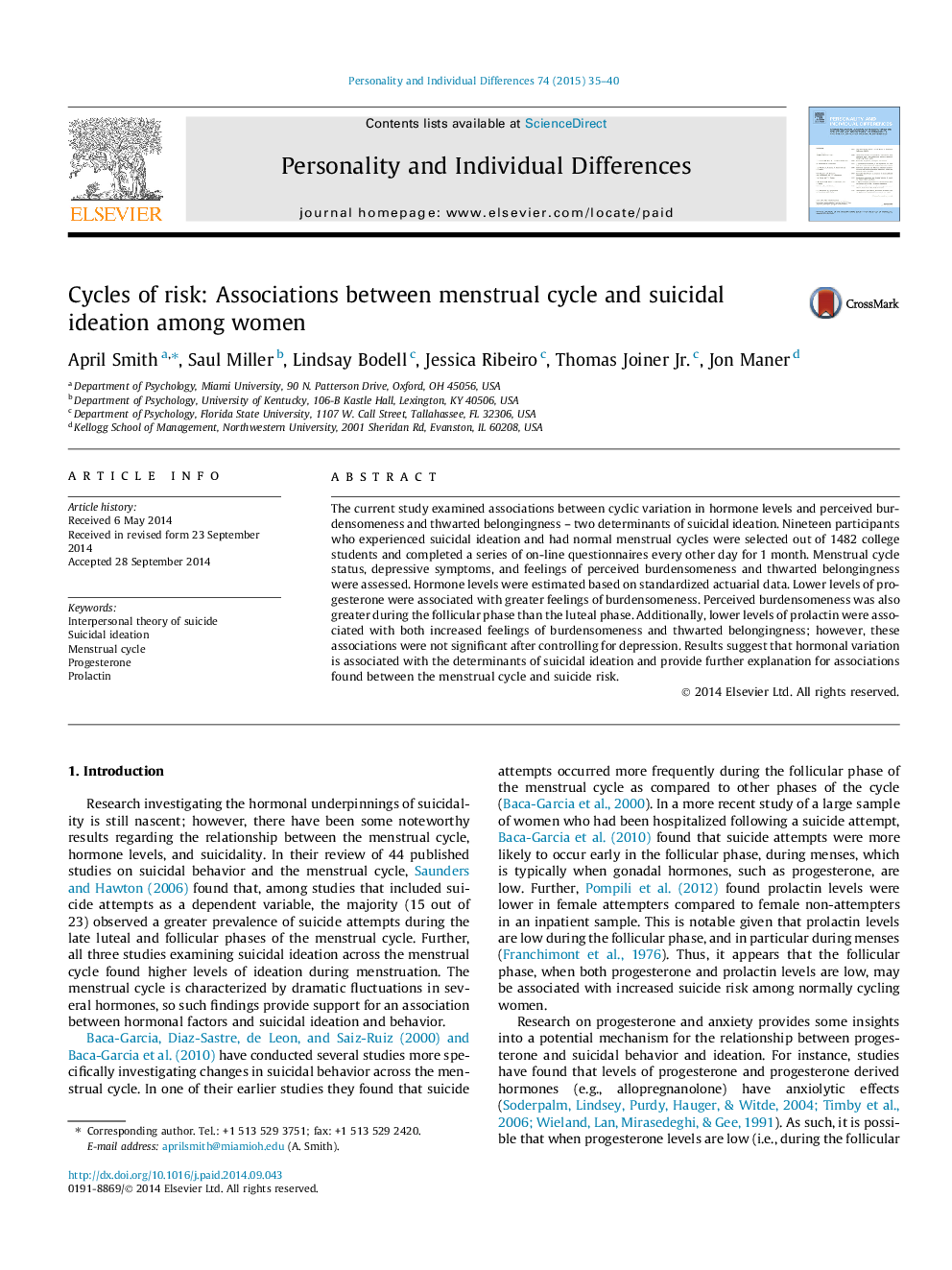 Cycles of risk: Associations between menstrual cycle and suicidal ideation among women