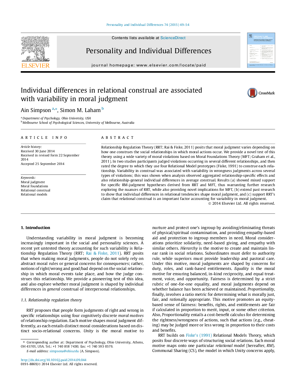 Individual differences in relational construal are associated with variability in moral judgment