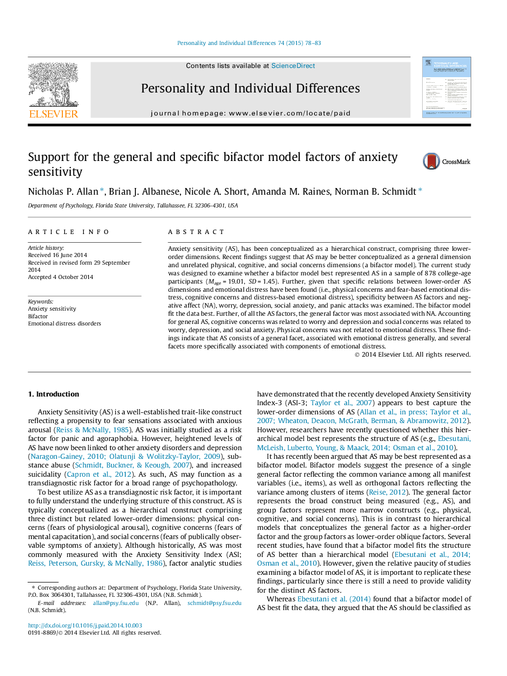 Support for the general and specific bifactor model factors of anxiety sensitivity