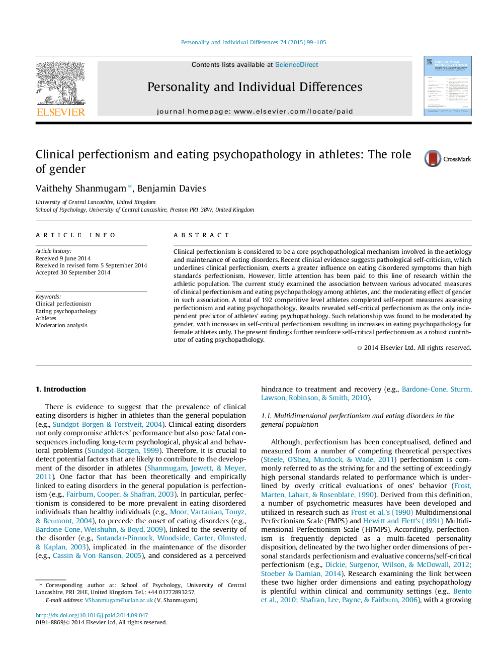 Clinical perfectionism and eating psychopathology in athletes: The role of gender