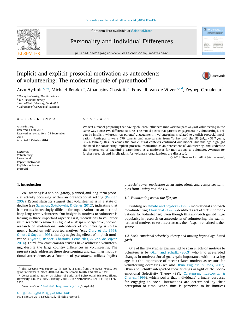 Implicit and explicit prosocial motivation as antecedents of volunteering: The moderating role of parenthood