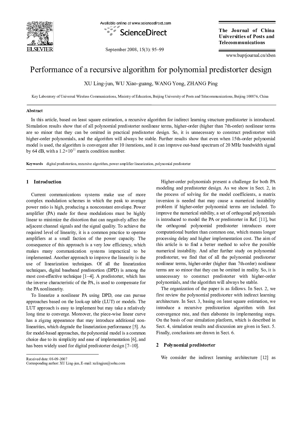 Performance of a recursive algorithm for polynomial predistorter design