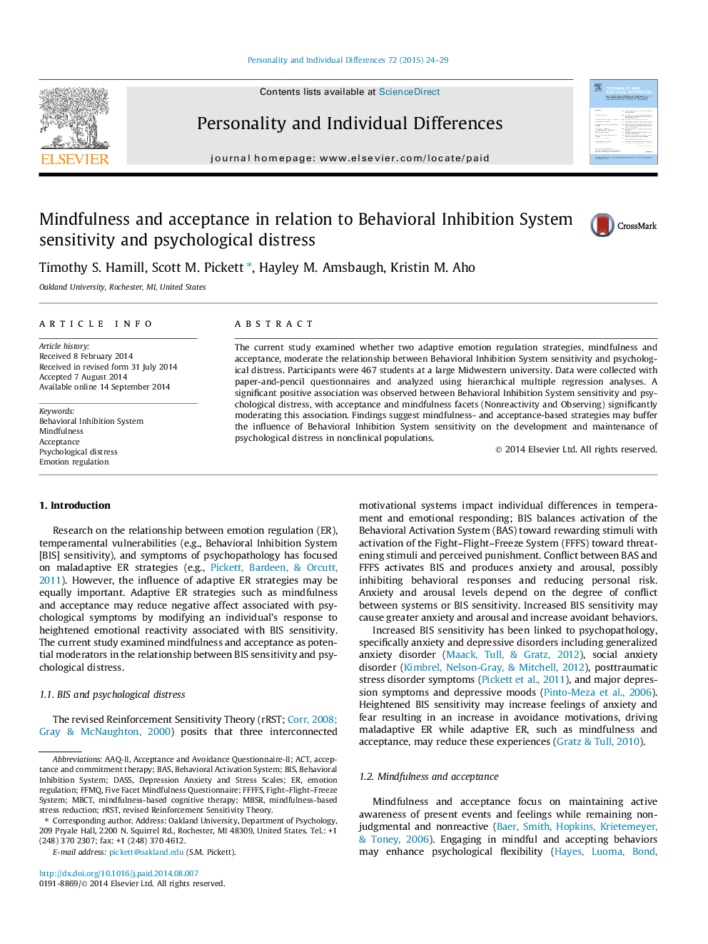 Mindfulness and acceptance in relation to Behavioral Inhibition System sensitivity and psychological distress