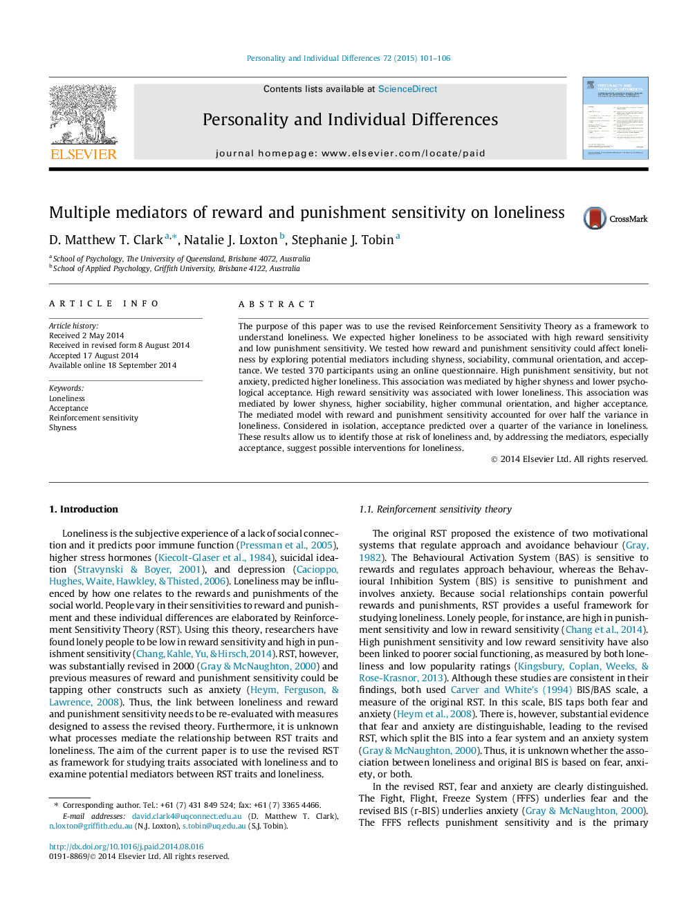 Multiple mediators of reward and punishment sensitivity on loneliness